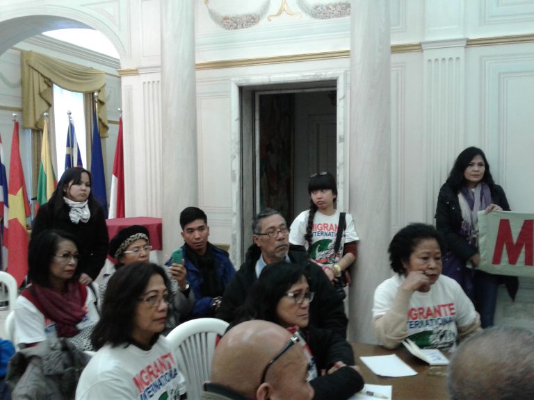 Migrante Europe Assembly delegates troop to the Philippine embassy  in Rome to press their demands