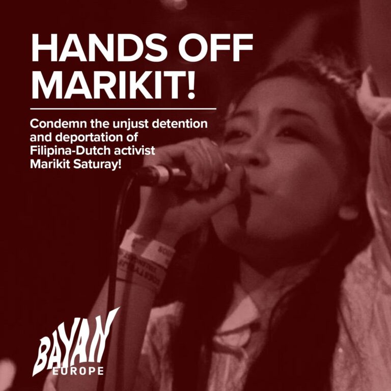Condemn the unjust detention and deportation of Dutch-Filipino activist Marikit Saturay! Marcos should instead be declared persona non-grata in Europe!